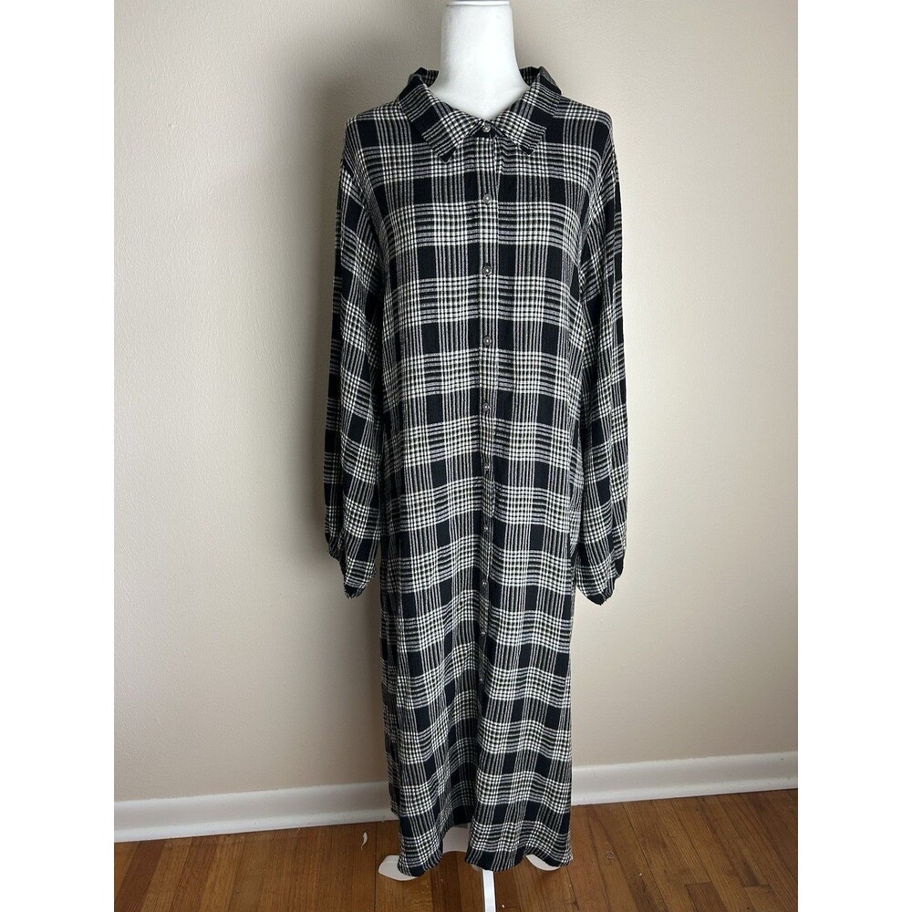 Plaid Shirt Dress Tartan Button Front Midi Size 22W Black Boho Peasant Witchy